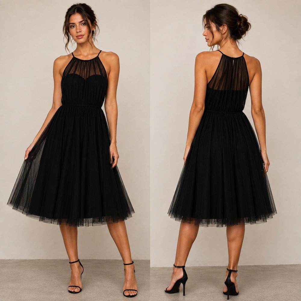 Vtg Sorella Vita Black Tulle Halter Cocktail Dress A-Line Formal Bridesmaid Midi